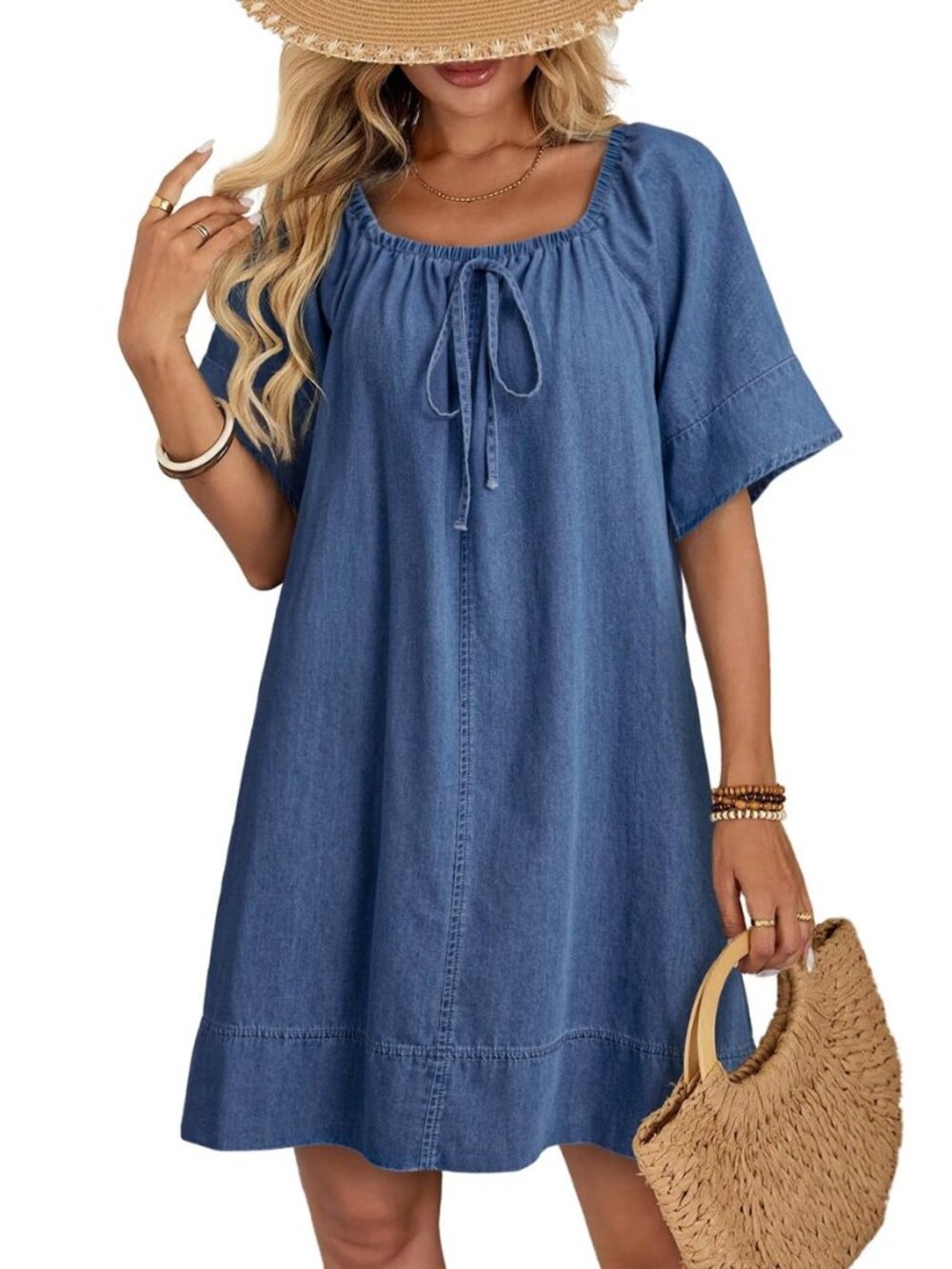 Women's Denim Dress Lightweight Flowy Tie Knot Cotton Jean Dress